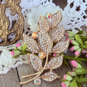 Vintage Leaf Gold tone Brooch Pin White and Iridescent Crystal Rhinestones Large